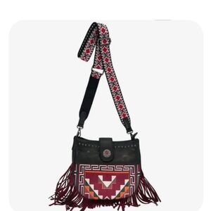 Boho Fringe Crossbody Bag with Burgundy Geometric Panel